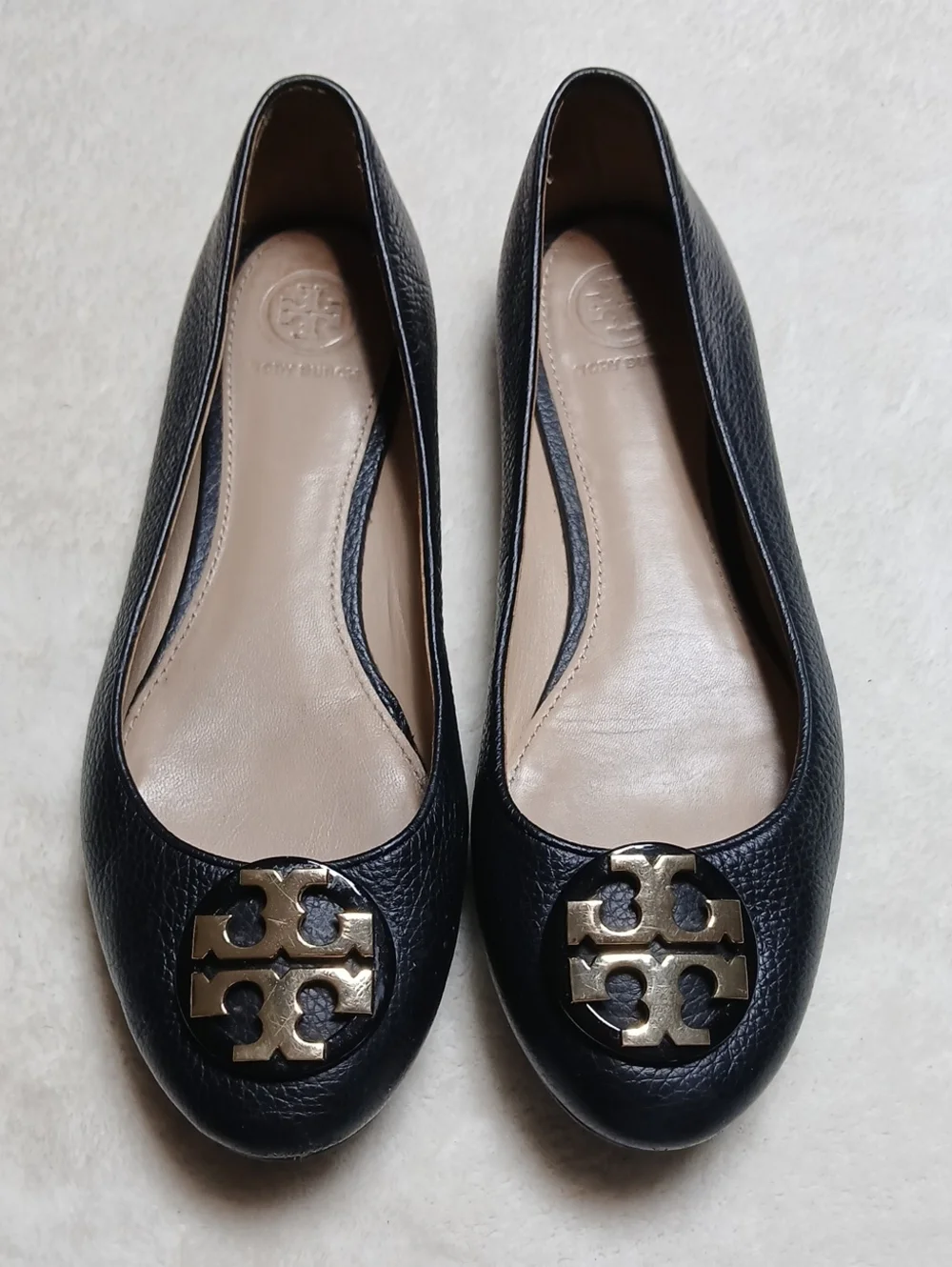 Tory Burch Black Leather Ballet Flats with Gold Logo Size 8
